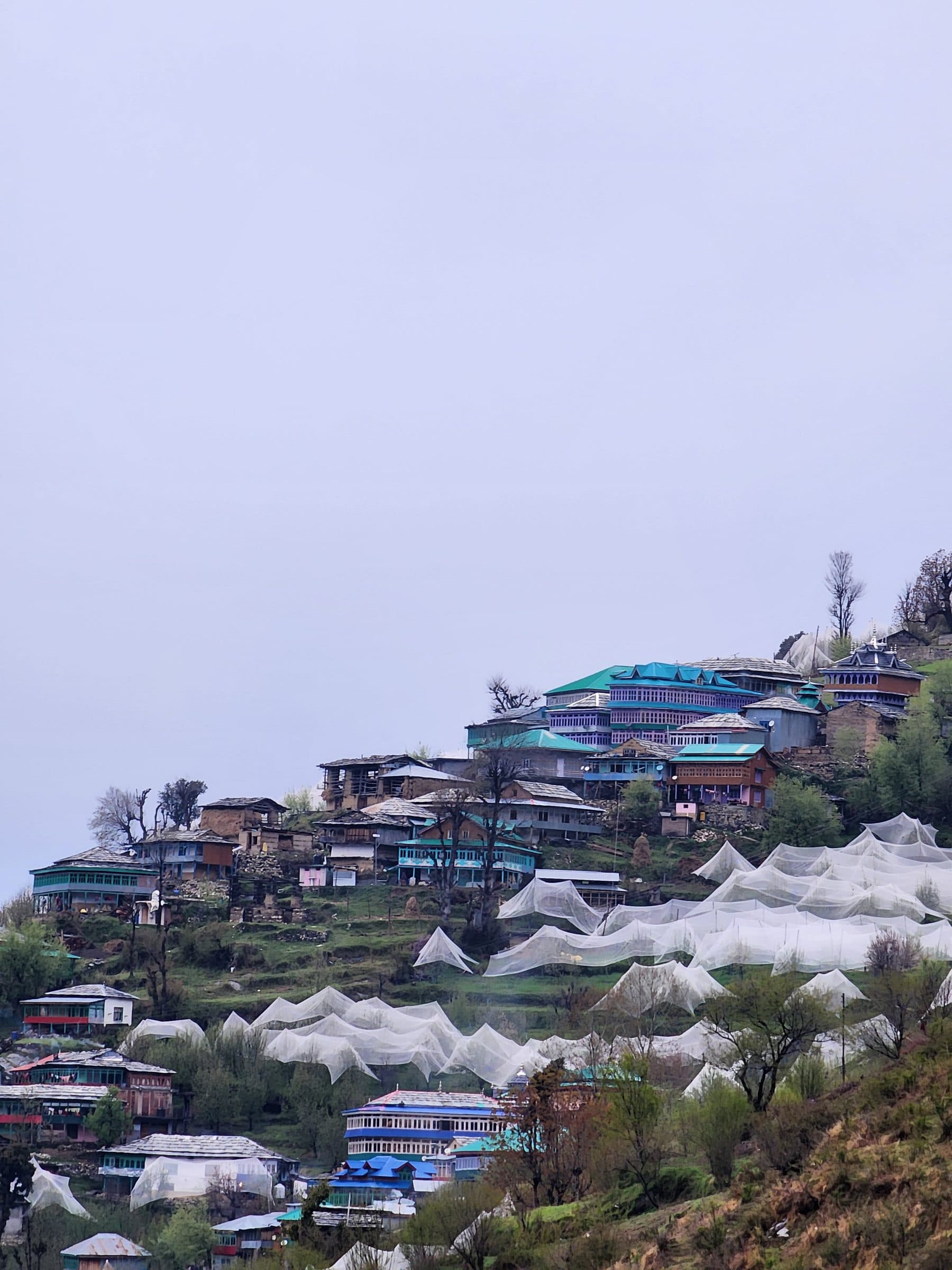 Hillside cottages partially obscured by mist in Jibhi valley