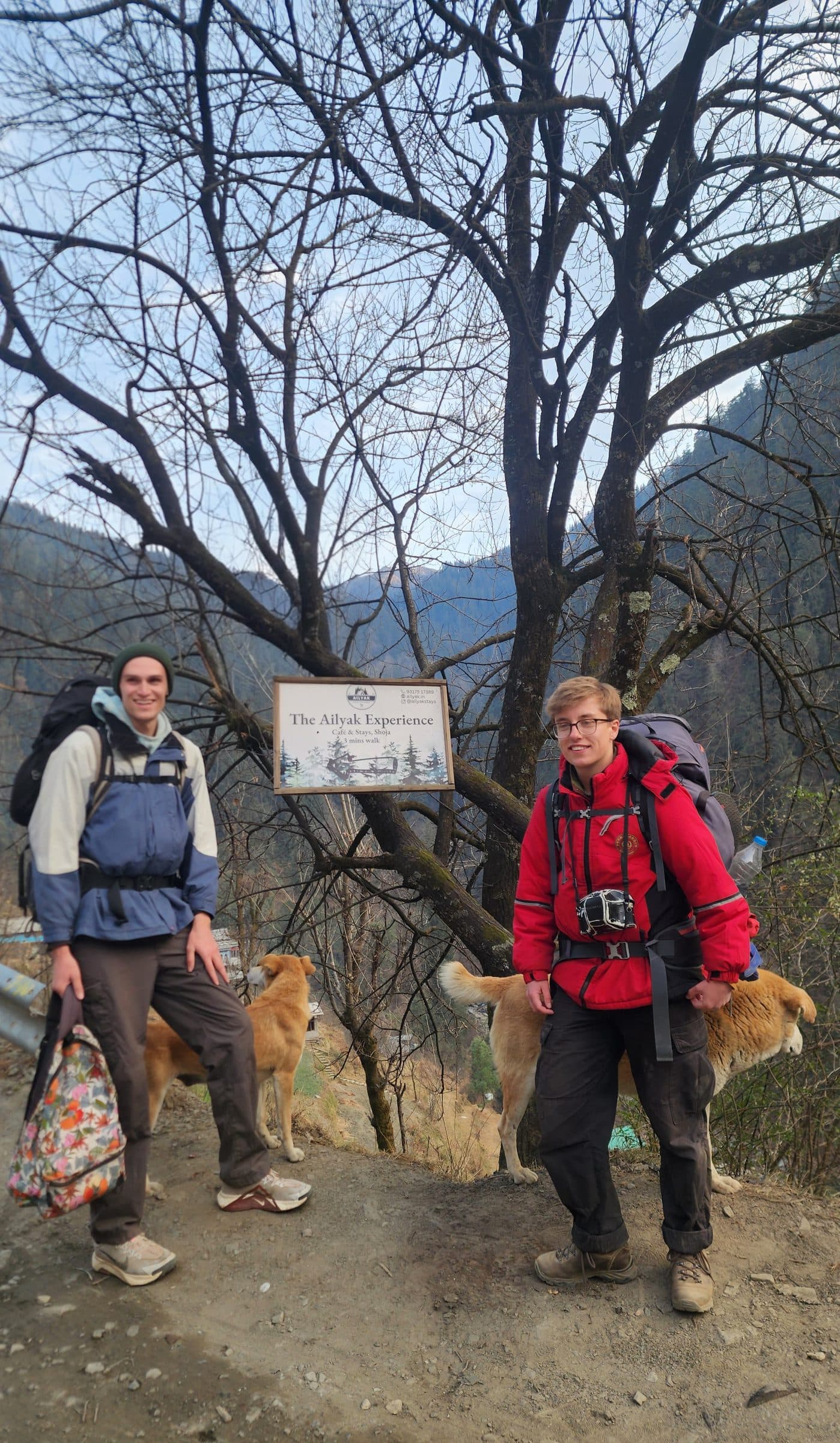 Two people standing in a forest near Ailyak's sign in Shoja