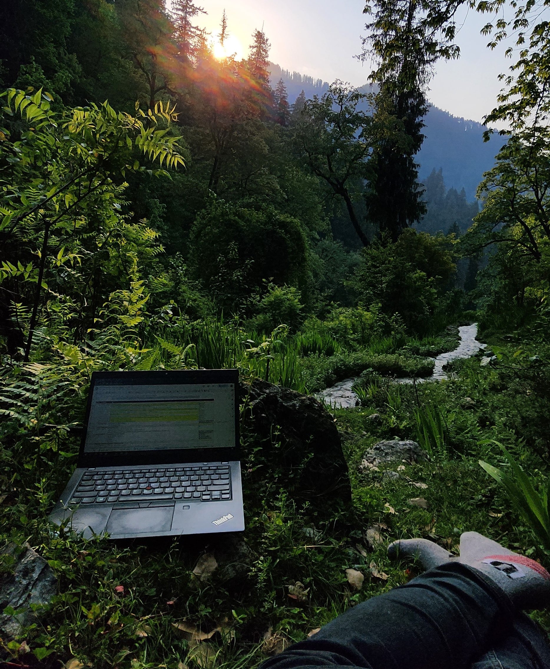 Nomad setting up laptop in a mountain-view cafe