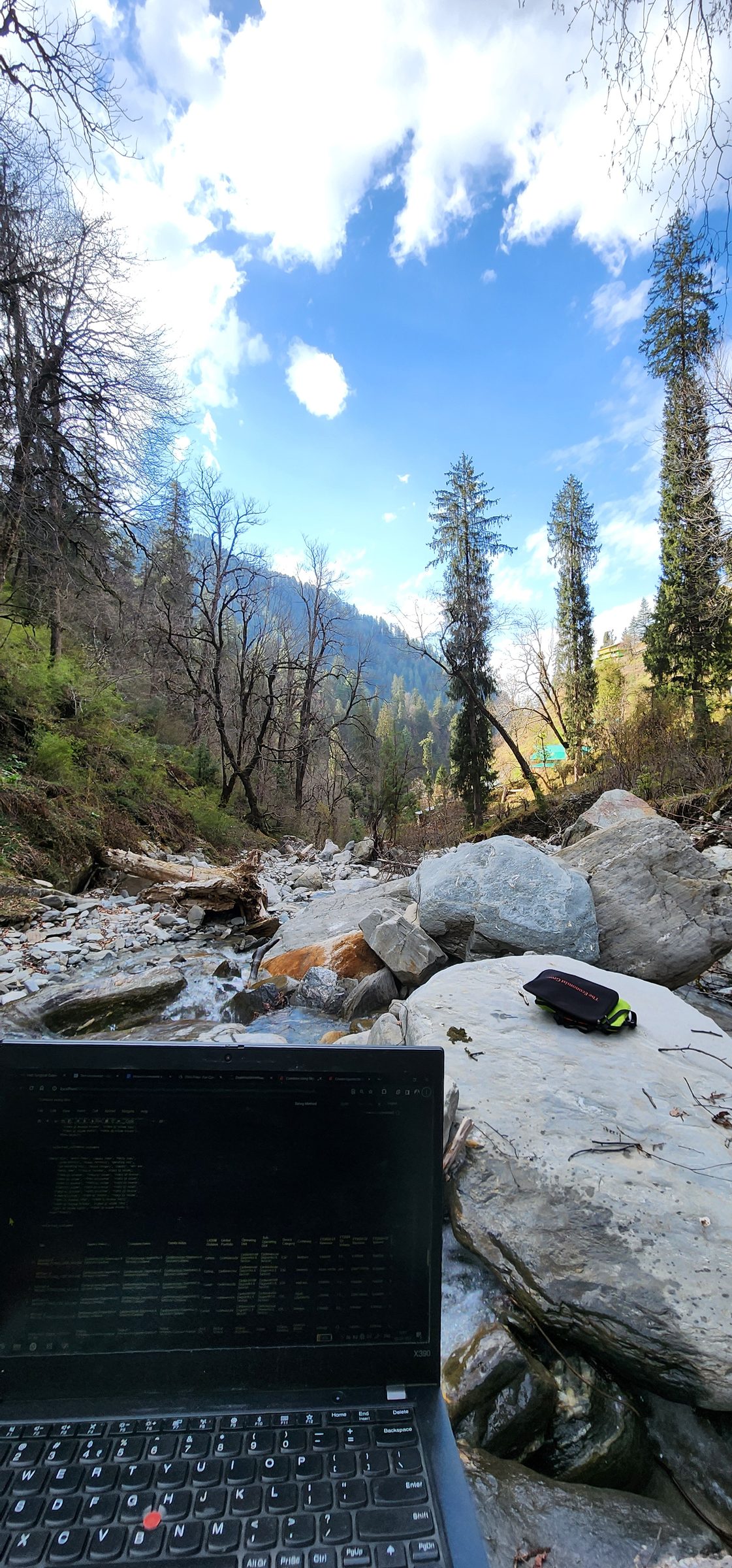 Dream Workation: Flowing stream surrounded by rocks and tall pine trees under blue sky near Ailyak Shoja