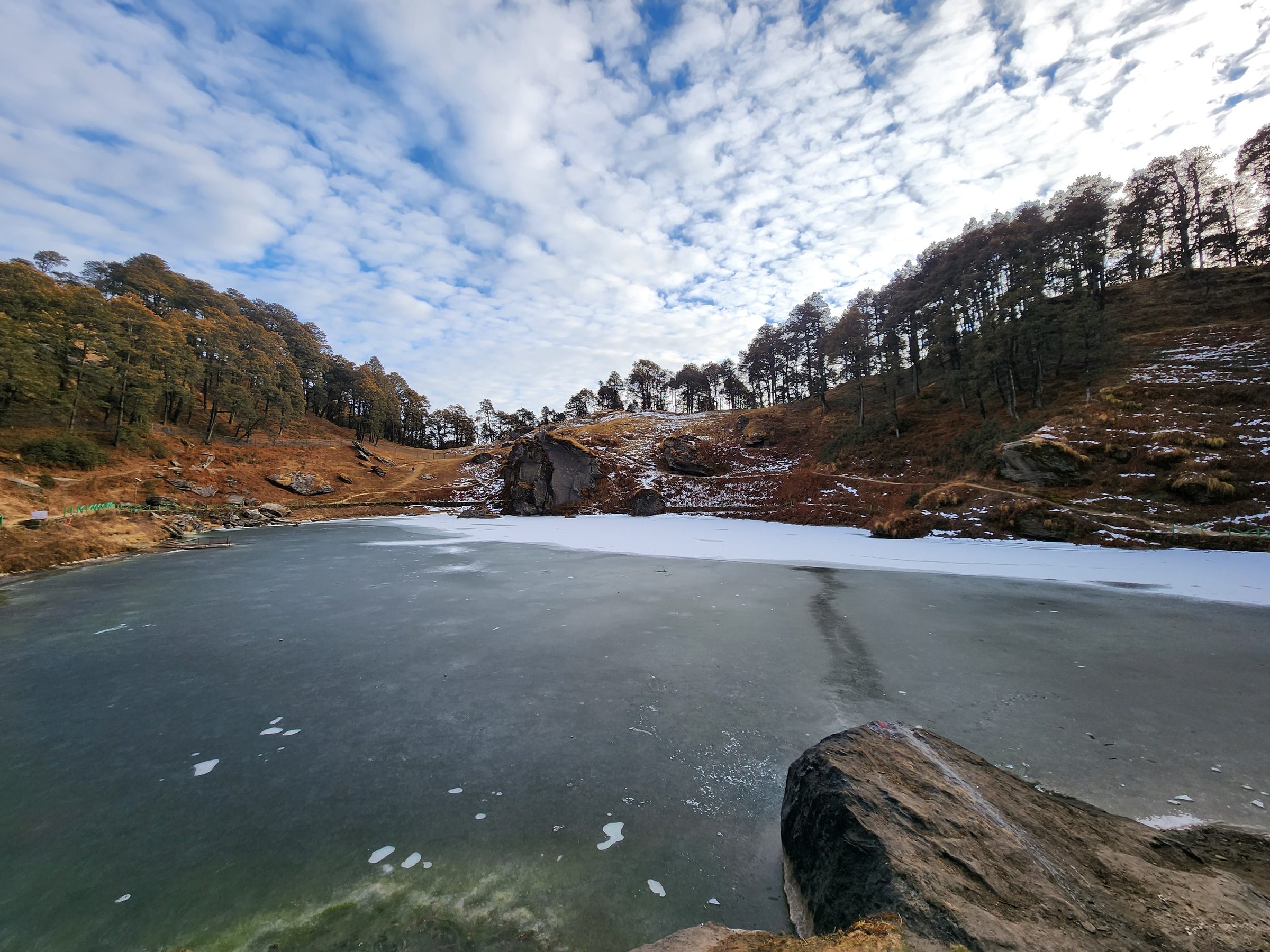 Serolsar lake surrounded by grassy slopes and trees under a blue sky