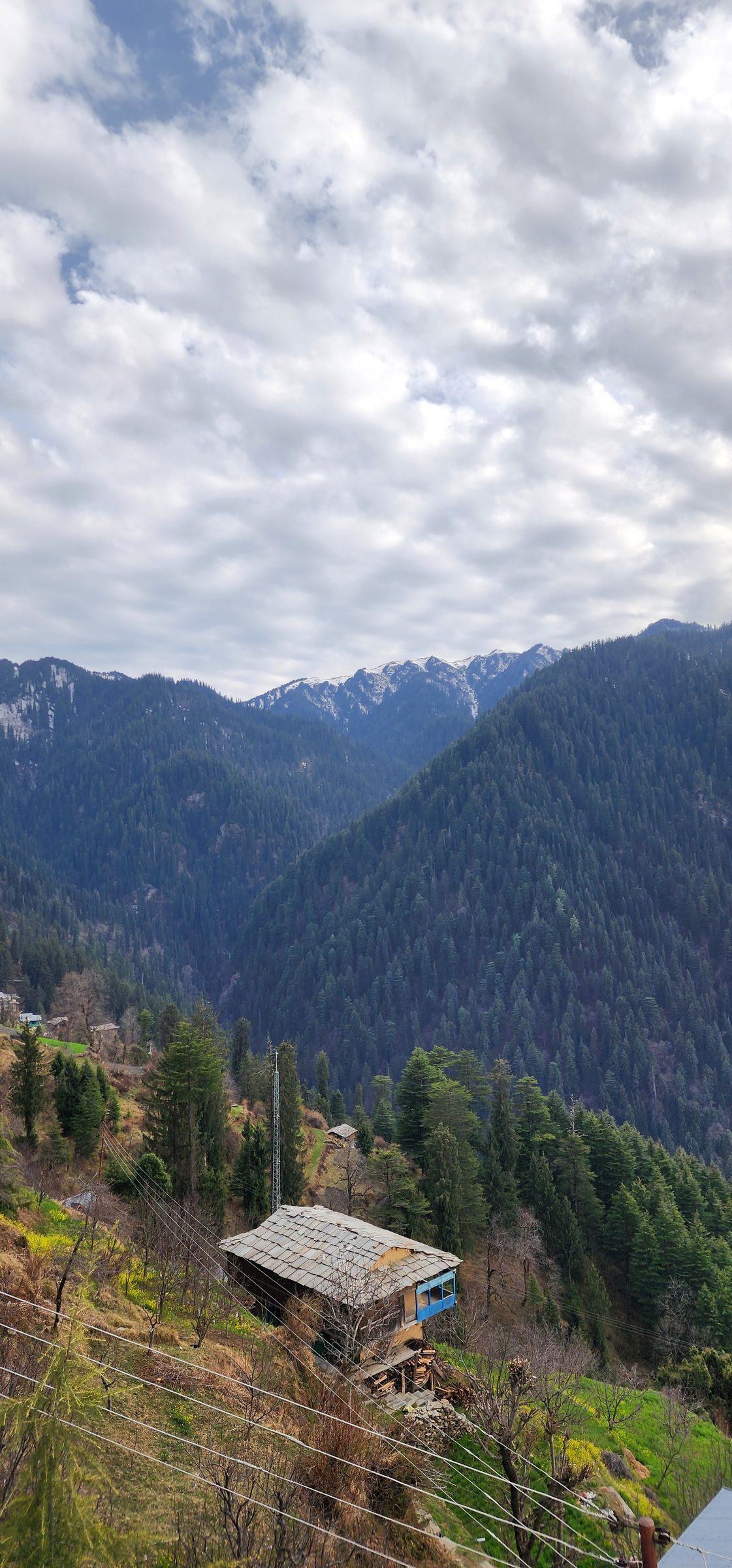 View of forested hills and slopes in the Jibhi Valley with cloudy sky